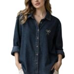 STYLE NEST effortless denim charm: classic indigo button down shirt with minimal bow detail, relaxed fit for everyday casual elegance and timeless style(only black color)