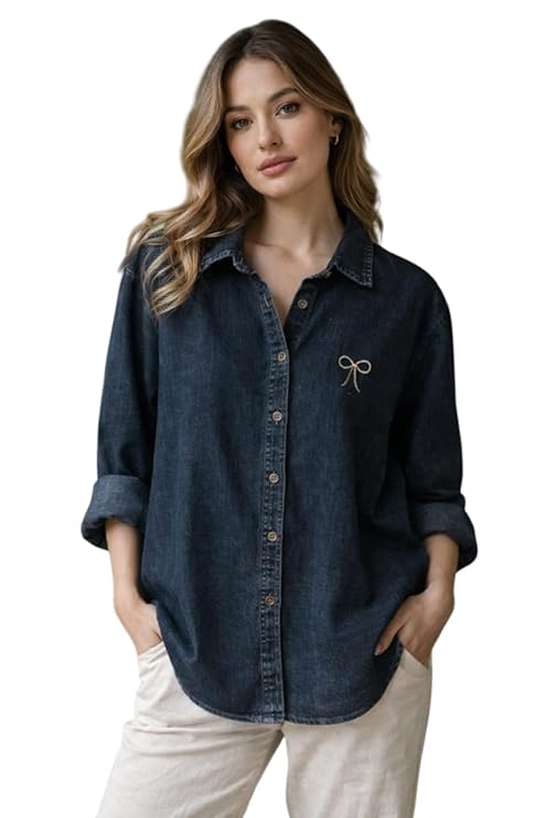 effortless denim charm: classic indigo button down shirt with minimal bow detail, relaxed fit for everyday casual elegance and timeless style(only black color)