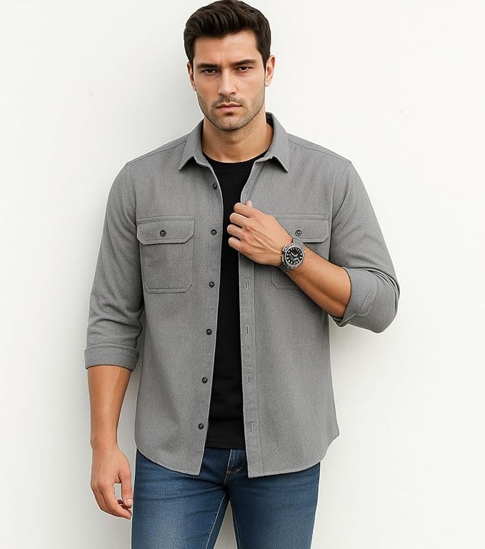 deelmo men’s stylish cotton blend casual shirt || full sleeve button down shirt with dual flap pockets || comfortable breathable fabric || perfect for casual office and outing wear