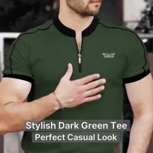 STYLE NEST tripr men solid mandarin collar cotton blend dark green
